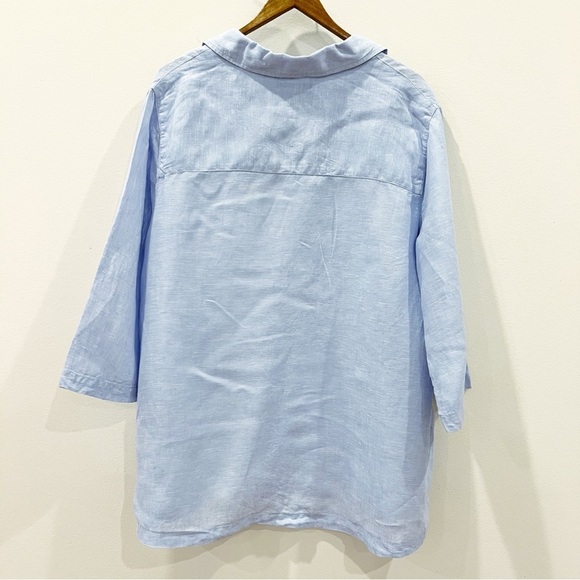 Tahari Womens Linen Tunic Top 1X Blue Collared Lagenlook Relaxed Lightweight - Picture 2 of 9